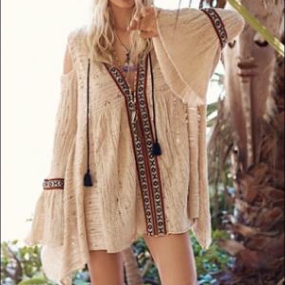 Free People bohemian embroidered bell sleeve shirt
